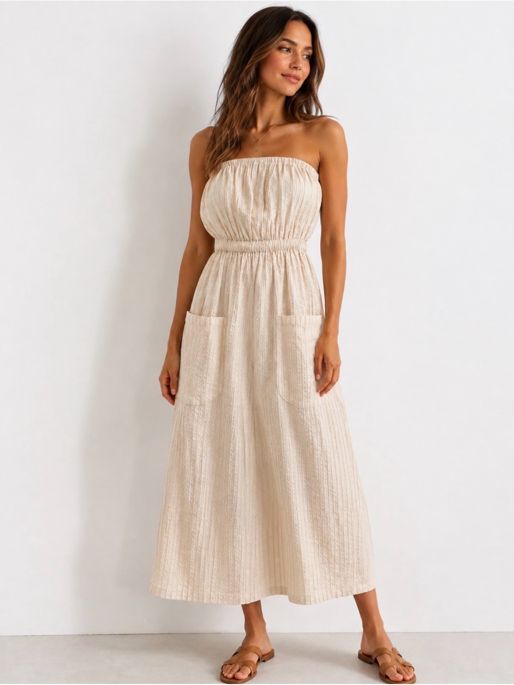 Urbanovitch NWT Strapless Textured Cream Maxi Dress Pockets S/M